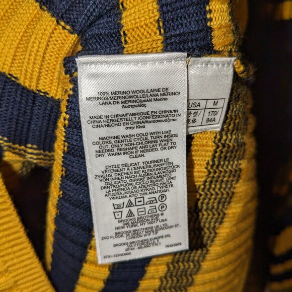 Brooks Brothers Women's Medium 100% Merino Wool Striped Sweater Gold Blue Crew - Picture 9 of 9